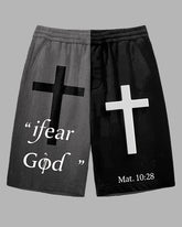 Men's Big & Tall Splicing Style Contrast Cross "ifear God" Letter Printed Outdoor Shorts